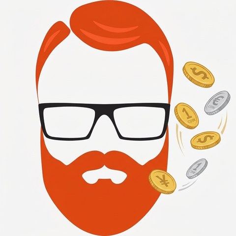 Coin: a bearded face with glasses and coins floating by